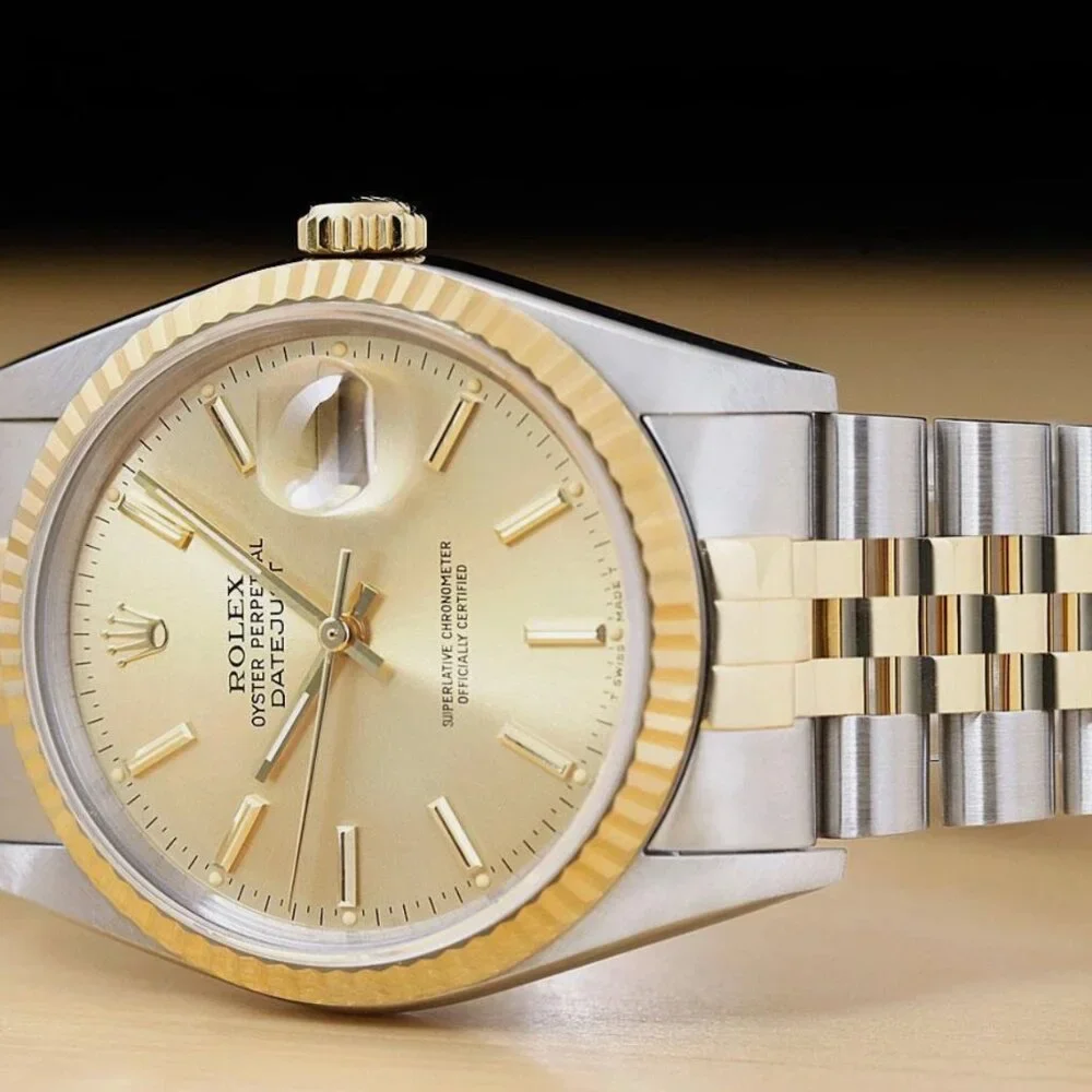 ROLEX MENS DATEJUST 18K GOLD STAINLESS STEEL CHAMPAGNE DIAL TWO TONE WATCH